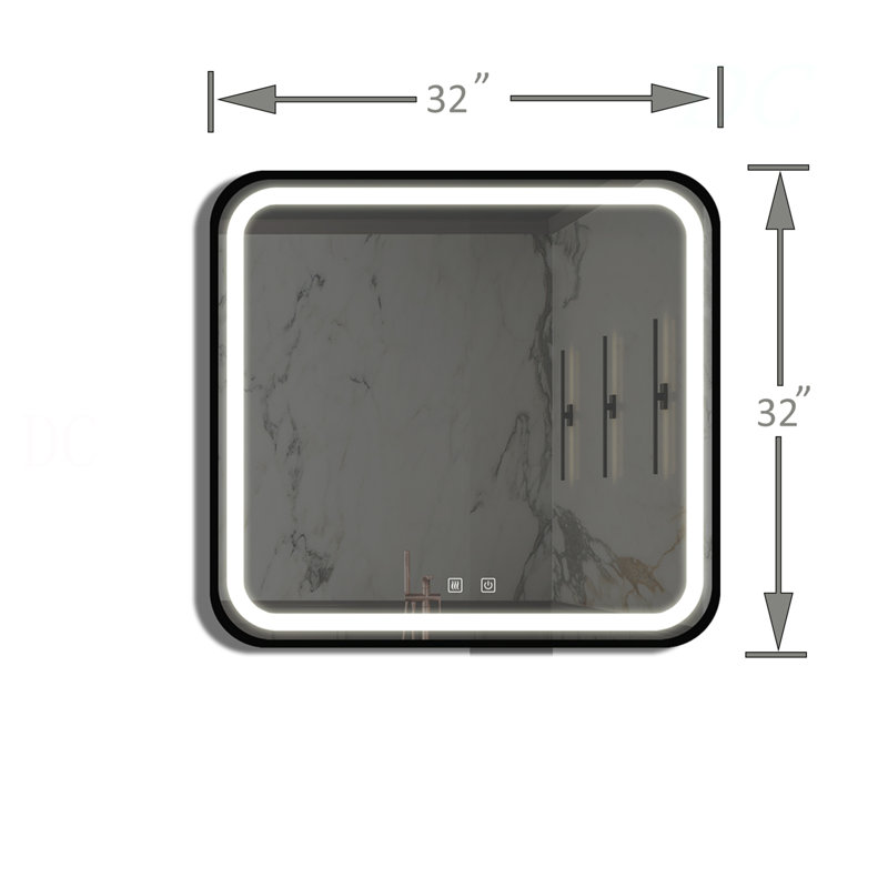 Miroir de meuble-lavabo de salle de bain 32 po x 32 po avec fond de panier, cadre en alliage d'aluminium noir, luminosité élevée, tactile à intensité variable, contrôle de l'interrupteur mural, antibuée, réglable IRC 95 3000K-4500K-6000K, IP54 Waterpr
