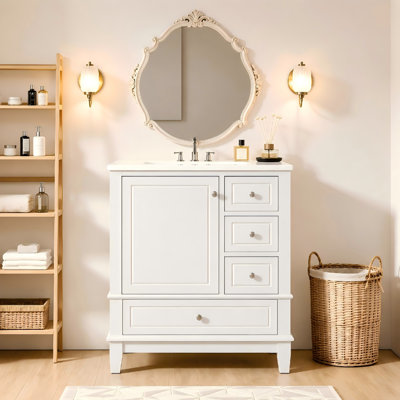 Meuble-lavabo de 30 po avec lavabo en céramique, armoire de salle de bain autoportante avec grain de bois naturel, pieds en bois d'hévéa massif, tiroirs et portes à fermeture en douceur, grand espace de rangement