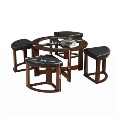 Cylina Solid Wood Glass Top Round Table Set, Coffee Table With 4 Stools