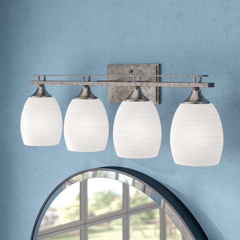 Uptowne 4 Light Bath Bar Shown With 5” Glass, Aged Silver, White