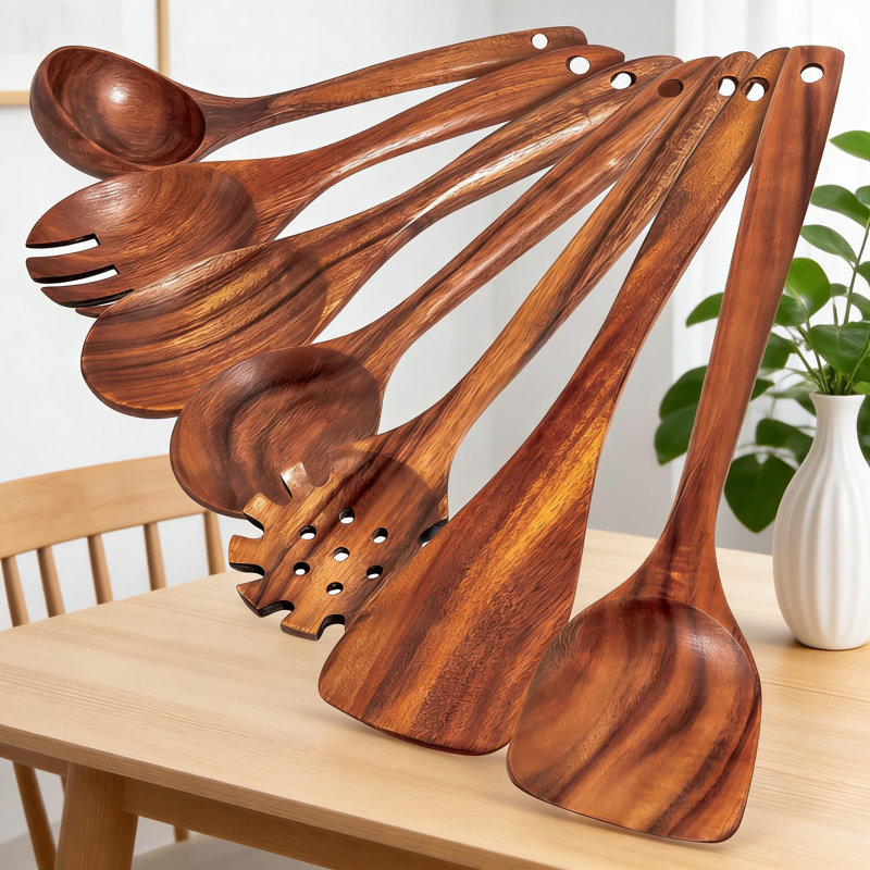 Ensemble d'ustensiles en bois de teck 7 pièces, cuillères et spatules de cuisine fabriquées à la main pour batterie de cuisine antiadhésive, résistant à la chaleur et durable pour un usage quotidien