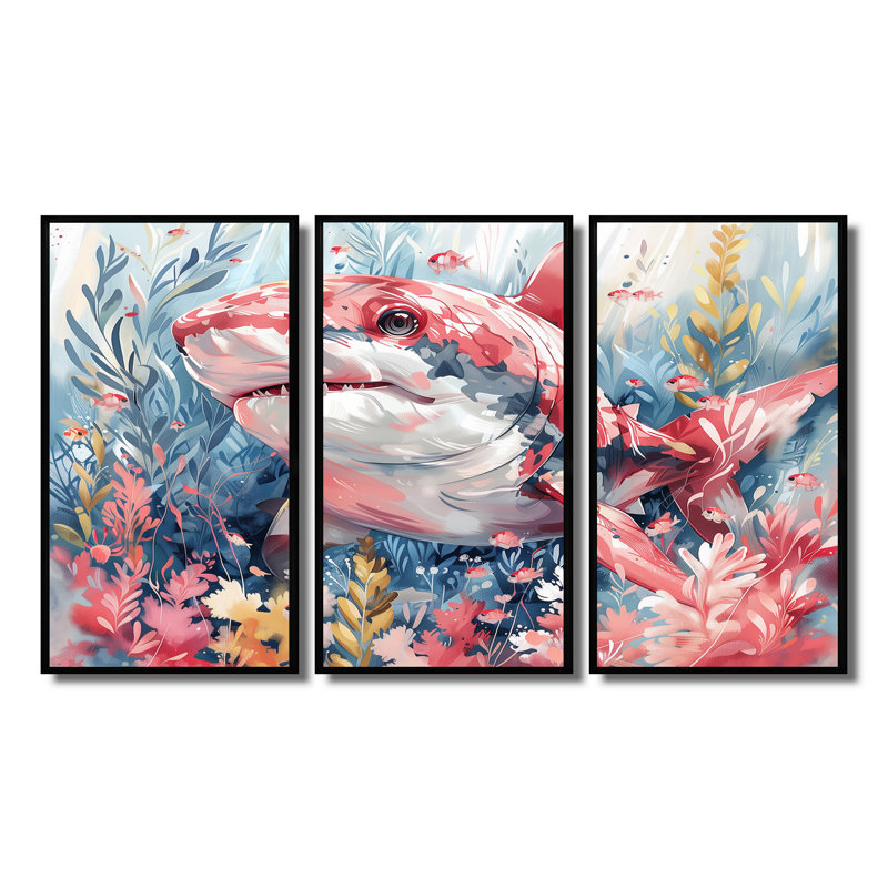 Pink Grey Hunting Shark Watercolor I - Sharkwall Art Wall Art Living Room Set, 28" H x 12" W x 1" D