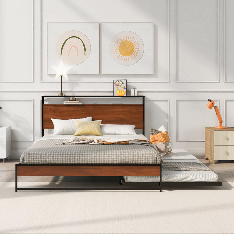 Structure de lit plateforme avec lit gigogne, aucun sommier nécessaire, Brun, Grand lit