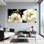 Pivoine fleurs blanches avec accents dorés sur fond noir, ensemble de 3 impressions sur toile-2085269345
