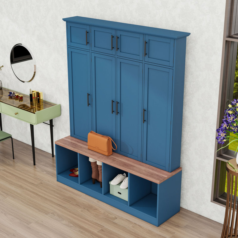 Hall Tree with 4 Hidden Hanging Hooks, Cabinets and Doors, Blue