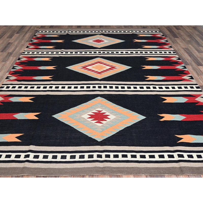 Tapis oriental tissé à la main 8 pi 4 po x 10 pi 3 po noir minuit tissé à la main, motif géométrique South American Indian Southwest
