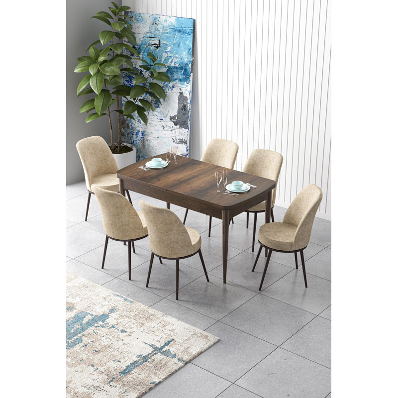 Ensemble de table et chaises de salle à manger extensible Traditional (7 pièces) | 100% panneau de fibres à densité moyenne avec pieds en métal | Table: 52,0 x 30,7 x 31,0 pouces (ouvert: 66,9 pouces) | Chaises: 17,7 po x 35,8 po x 16,5 po | Baroque et crème | Coussins en mousse confortables