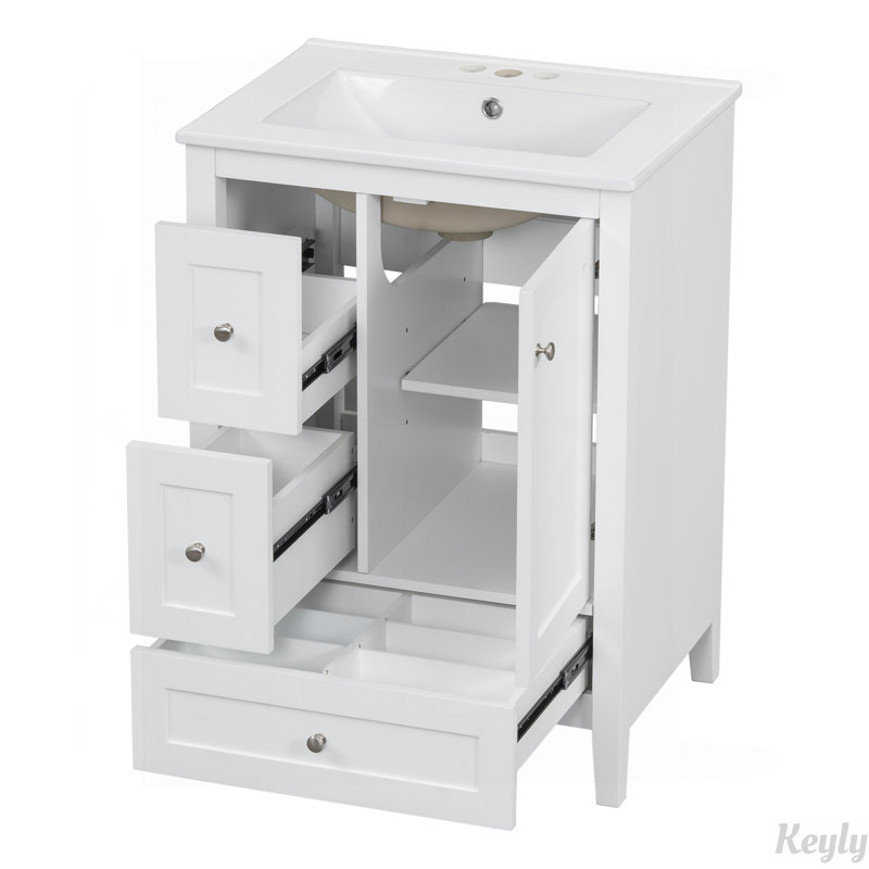Meuble-lavabo de 24 po avec rangement, tablette réglable, Argent argent, Blanc