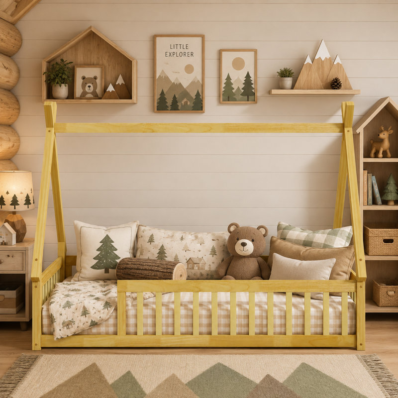 Lit plateforme simple en bois massif pour enfants, Naturel