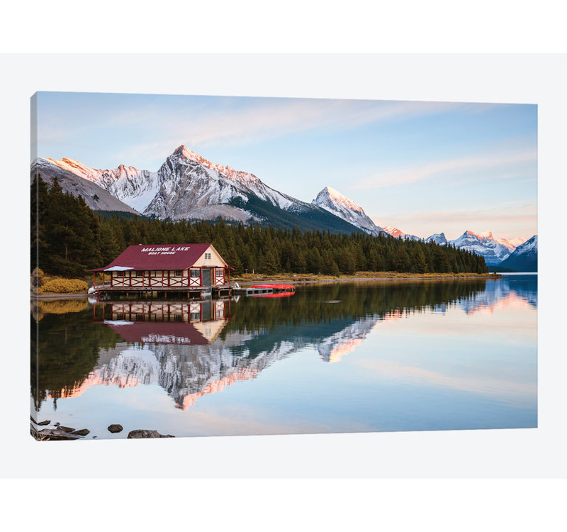 « coucher de soleil à maligne lake », reproduction de photo sur toile, Papier d'art encadré noir, Blanc