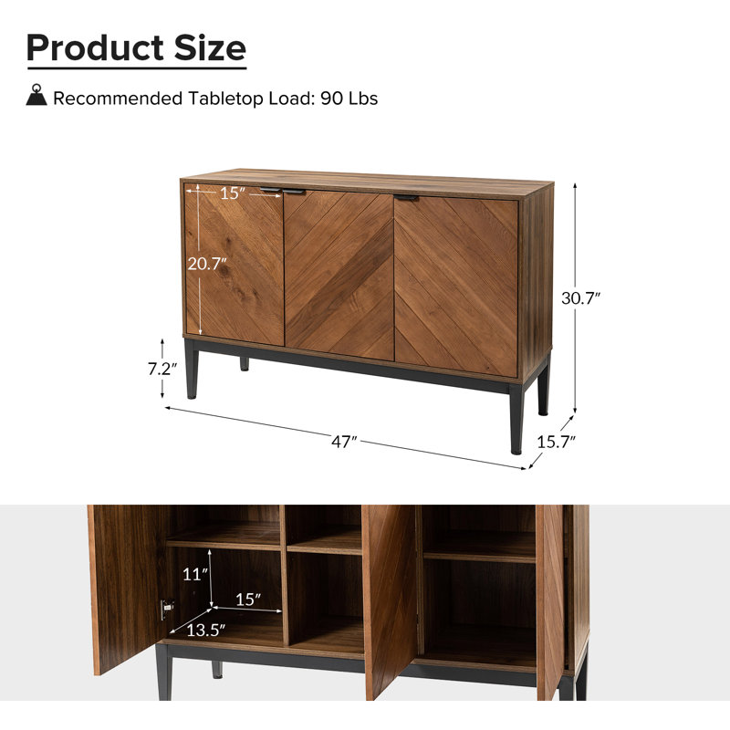 Buffet de rangement à tablette à chevrons avec tablette réglable 47 po, Noyer