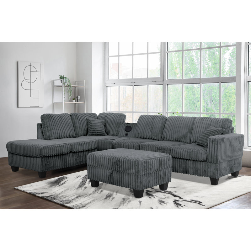 Vega Reversible Faux Fur Sectional with Media Console And Storage Ottoman, Grey Carduroy