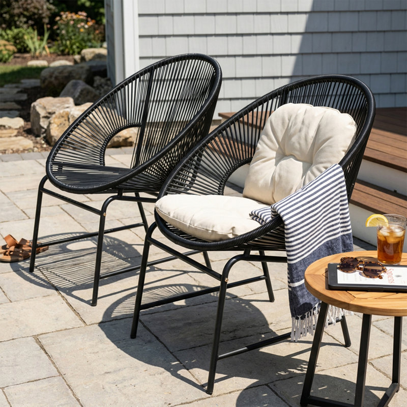 NUSA OUTDOOR PATIO WICKER CHAIR, BLACK PE RATTAN & IRON FRAME, SET OF 2, Chair, Black