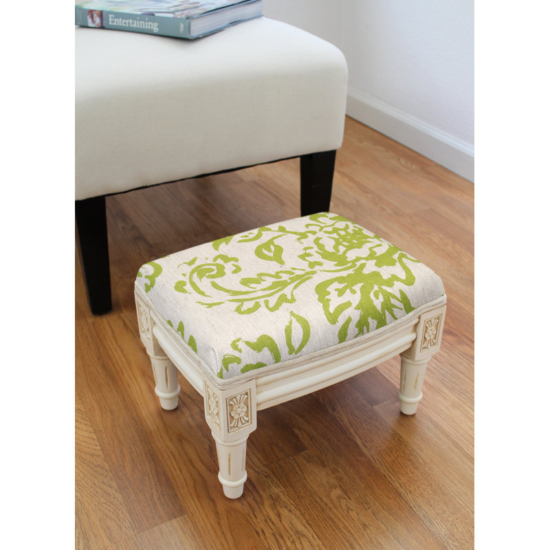 Camary Upholstered Ottoman, White, Chartreuse/White Linen Blend