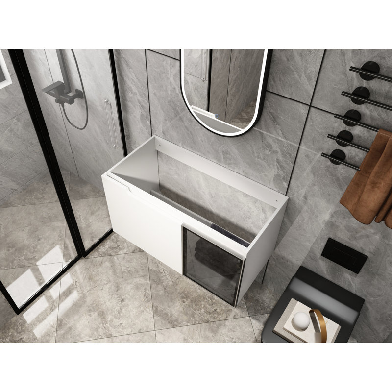 Meuble-lavabo moderne de 36 po avec 2 portes à fermeture douce, meuble-lavabo blanc brillant, demi-porte en verre gris, contreplaqué construit pour plus de commodité