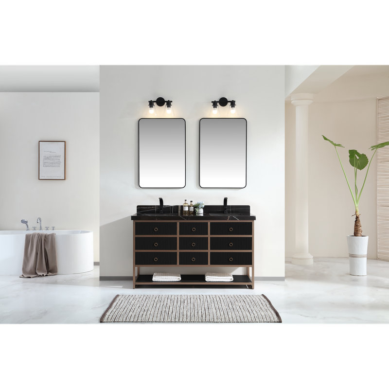 72" Double Vanity With Golden Brush Stainless Steel Frame And Tricorn Black Finish With 2' Thick Black Natual Stone Top, Gray