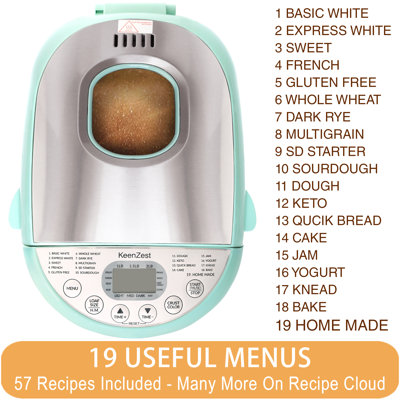 KEENZEST 19-in-1 Mint Green Compact Bread Machine, 2LB Dough Bread Maker with Homemade Cycle, Gluten Free Setting & Recipes