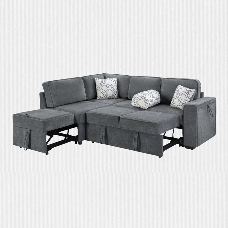 84"W 3-Piece Pull-Out Sectional Sofa Bed, Dark Gray Chenille