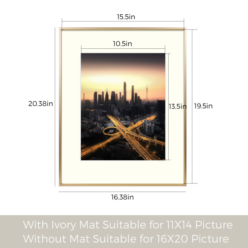 Aseda Matel Picture Frame with Mat, Aluminum Wall Gallery Photo Frame, Horizontal and Vertical Formats, Gold, 11" x 14"