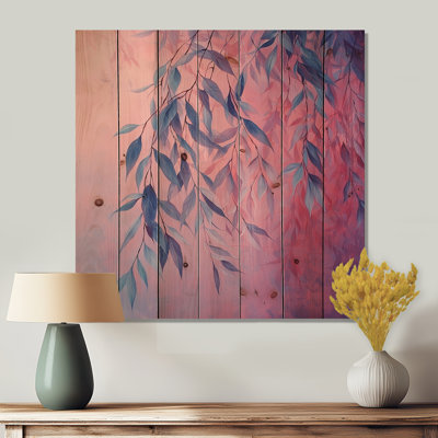 Sunset Willow Leaves II - Décoration murale en bois de feuilles - sur bois de pin naturel
