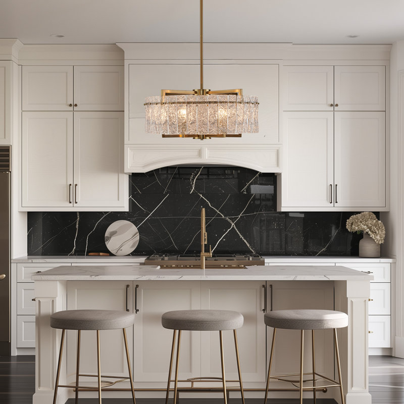 6- Light Dimmable Glass Drum Chandelier, Textured Glass Dining Room Chandelier