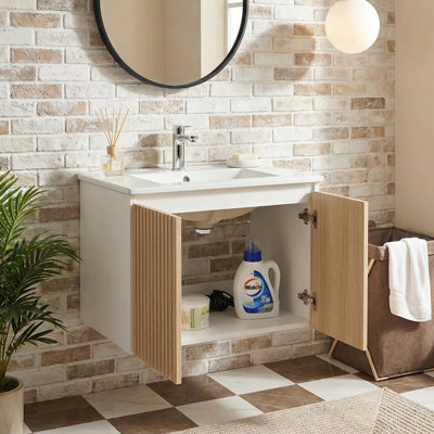  Meuble-lavabo mural 24 po avec lavabo en céramique, meuble-lavabo flottant en bois aggloméré avec porte-serviettes noir, blanc et jaune 24 po