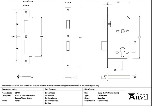 Euro Din Sash Lock, Pewter Patina