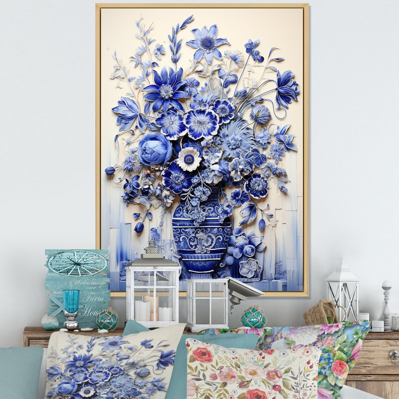 «Blue and White Boho plant Pottery II», impression sur toile Boho Pottery, H 40 po x l 30 po x P 1,5 po, Cadre flottant brun