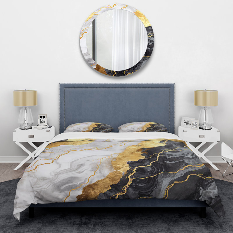 Ensemble de housse de couette en marbre abstrait doré et gris Mirage III, Housse de couette simple + 1 taie décorative stan