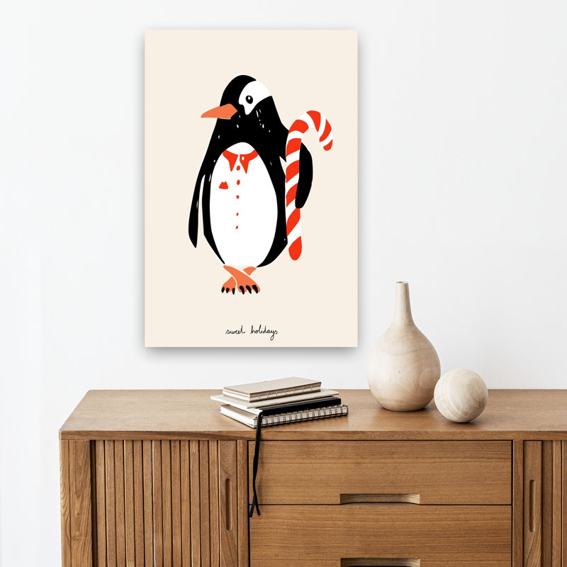 Sweet Holiday Penguin Elegant Playful Whimsical Bird Penguin Winter Wall Art Print 1 Piece Wrapped Canvas Wall Art