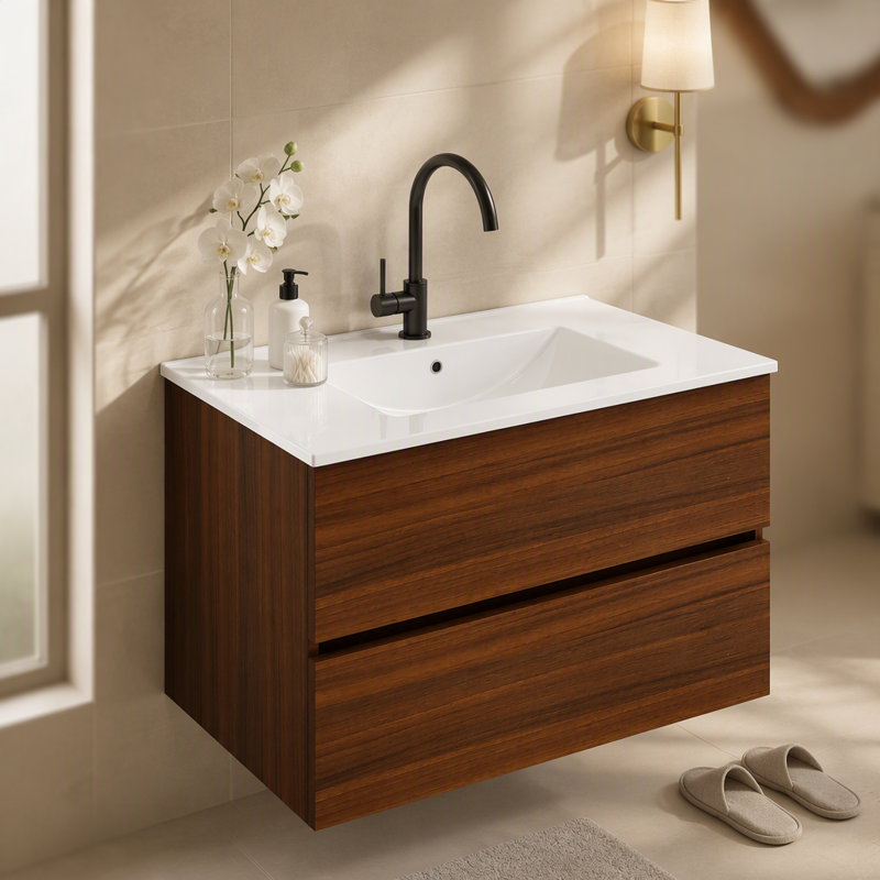 Meuble-lavabo mural 32 po avec tiroirs doubles, système de fermeture en douceur, évier en céramique, conception sans poignée, bois massif, facile à installer, le robinet n'est pas inclus, noyer