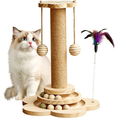 Cat Scratching Post, 4 In 1 Wooden Cat Scratcher Toy, 17.7" Tall Scratch Post With 2 Level Cat Track Balls, Interactive Cat Feather Toy And 2 Sisal Hanging Balls For Indoor Kittens, Adult Cats