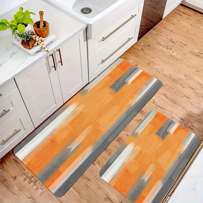 Orange & Gray Abstract Blocks, Kitchen Mats Set Of 2