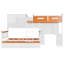 Lit simple superposé au dessus d'un lit double avec bureau, tiroirs, tablettes et armoire, lumière DEL, blanc et orange