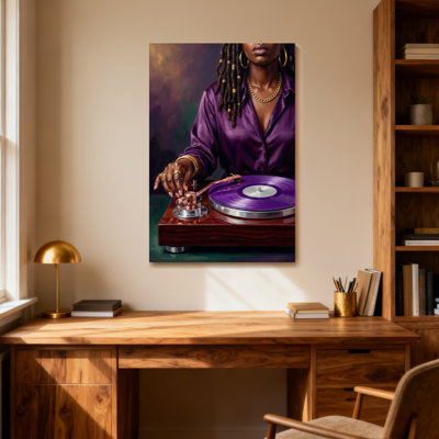 Fashion Woman With Purple Shirt And Turntable