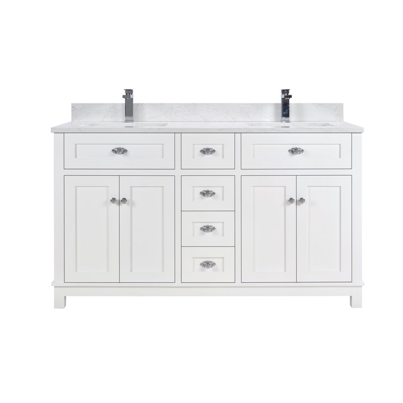 Meuble-lavabo en bois massif 60 po avec comptoir en pierre artificielle 60 po, Chrome poli, Blanc