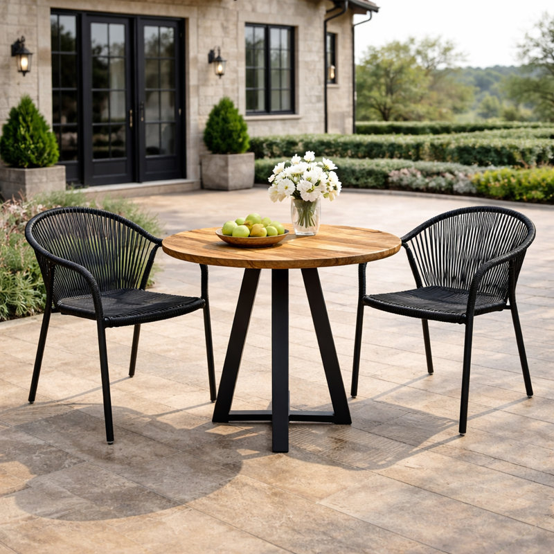 Ridge Outdoor Patio Dining Chairs Set of 2 Charcoal, Rope Rattan Woven Armchairs with Matte Black Steel Frame, Stackable Lightweight Seating for All-Weather Patio Dining and Outdoor Spaces