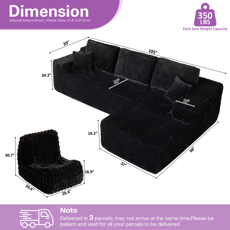 Cozza Sectional Sleeper Sofa, Convertible Compression Couch With Bean Bag Chair For Living Room, Right Hand Facing, Black