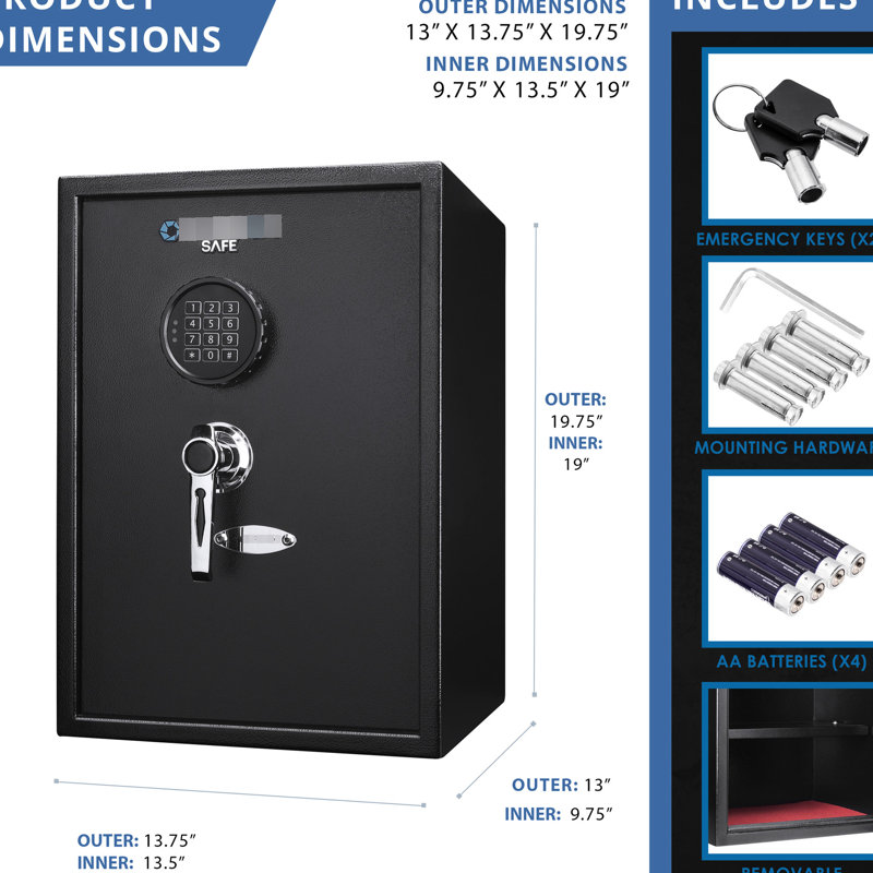 Coffre-fort à serrure électronique 1,45 pi cubes, noir, avec structure en acier massif et 2 tablettes numériques noires avec tablette amovible