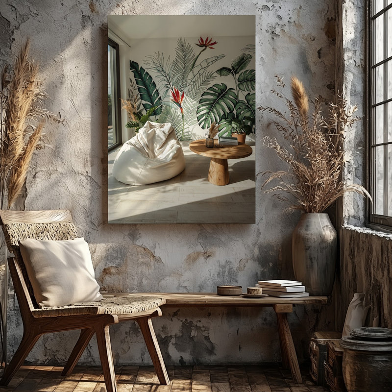 Toile «A Cosy Sunlit Interior» avec un fauteuil à billes blanc surdimensionné moelleux placé au premier plan accompagné d'une toile