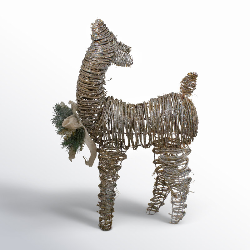 32" 3D Pre-Lit Rattan Reindeer with Ivory Bow and Pine Boughs and Cones Christmas Decoration