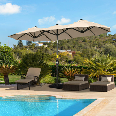 Parasol d'extérieur double de 9,5 pi avec dispositif d'inclinaison et manivelle, 3 évents, 12 nervures, pour patio, terrasse, piscine, écran de patio brun inclinable, nervures de salle à manger