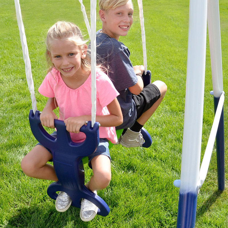 Blue Metal Outdoor Swing and Slide Set with Glider
