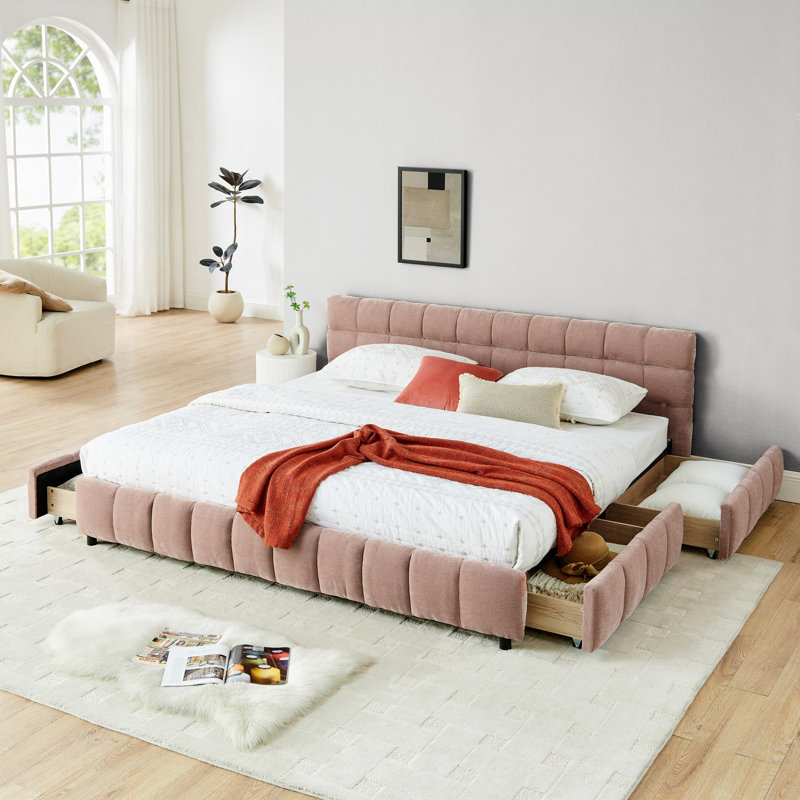 Lit tapissier, base de lit tapissier confortable, tissu chenille, avec tête de lit et base de lit solide. Avec tiroir pour le rangement (88,5 po x 85,5 po x 31 po)