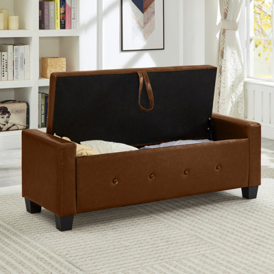 Banc de rangement brun en similicuir PU de 48 po, pour chambre à coucher, salon, couloir, banc de nettoyage simple et rangement, surface lisse idéale facile d'entretien