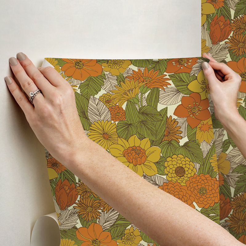 Retro Floral Peel and Stick Wallpaper, Yellow
