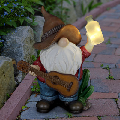 Statue de gnome solaire Exhart avec guitare et bouteille incandescente, 9 x 5 x 11 po Exhart