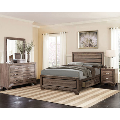 Chambre à coucher Queen, 4 pièces, taupe délavé, style chêne naturel : lit avec table de chevet, commode et miroir, bois d'ingénierie, aspect taupe.