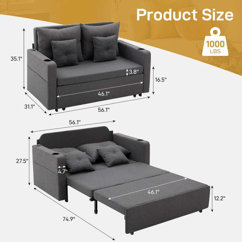 56" 3-in-1 Sleeper Sofa Convertible Square Arm Sofa Bed for Living Room Pull Out Couch with Cup Holders and USB, Dark Gray