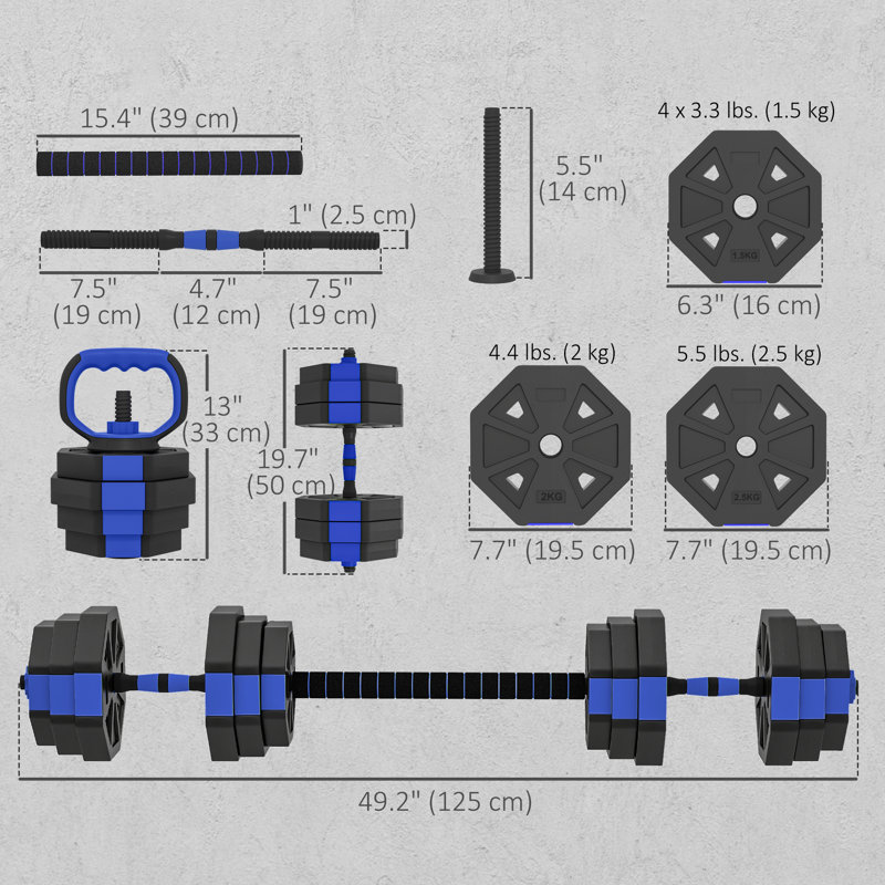Ensemble d'haltères réglables 6 en 1, poids libre de 55 lb, bleu